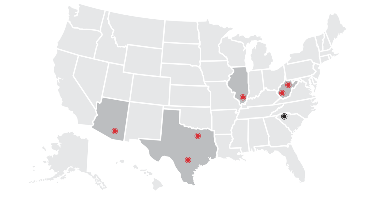 Distribution centers marked on a U.S. map