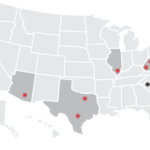 Distribution centers marked on a U.S. map