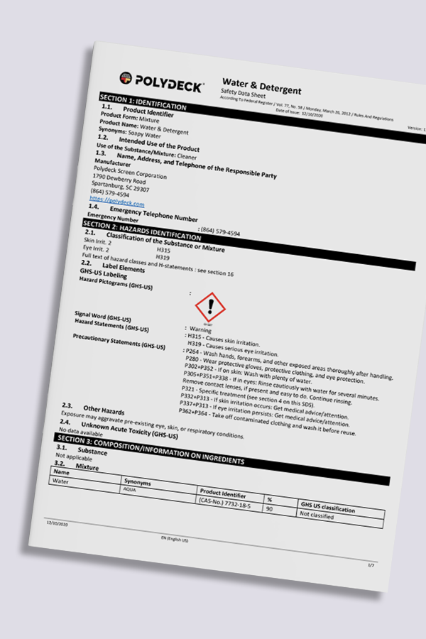 Polydeck's safety data sheet